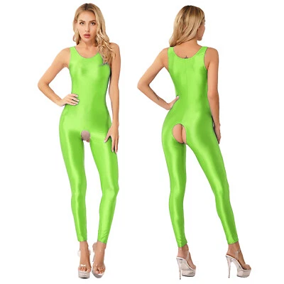 Mujeres Satén Brillante Brillante Medias Bodyhose Hueco Sin Mangas Body Gato Foto 1 de 3