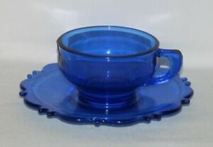 LE Smith Glass MOUNT PLEASANT "Double Shield" Cobalt Blue Cup and Saucer Set