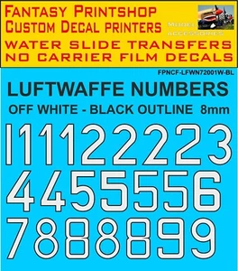 German Luftwaffe Numbers OFF WHITE - BLACK OUTLINE 8mm FPNCF-LFWN72001W-BL  1/72 - Picture 1 of 4