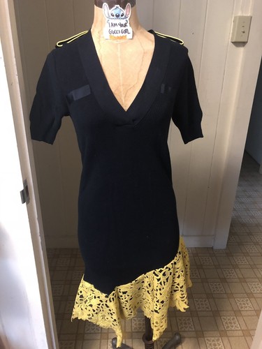 Abito blu navy SACAI taglia XS con pizzo floreale giallo vita a goccia spalline con