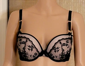 Vintage Victoria Secret Black Lace Pink background with bows Push-up Bra - Picture 1 of 16