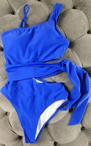 Women's Blue Monokini With Tie At Waist Medium Adjustable Removable Padding - Picture 1 of 5