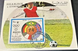 SHARJAH Múnich Olympics & Múnich 74 Copa del Mundo hoja de recuerdos MNH CTO - Imagen 1 de 1