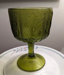 FTD 1975 Avocado Green Stemmed Goblet/Candy Dish w/ Embossed Oak Leaf Pattern - Picture 1 of 4