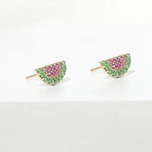 14K Gold Genuine Emerald And Pink Sapphire Melon Studs - Picture 1 of 7