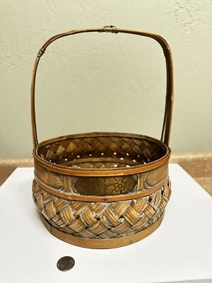 Vintage Large Round Woven Basket w/ Decorative Metal On Border w/Handle - Image 1 of 4