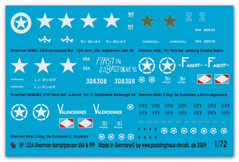 Decalcomanie Peddinghaus 1/72 1224 5 Sherman Carro Armato USA E Francia Libera - Immagine 1 di 1