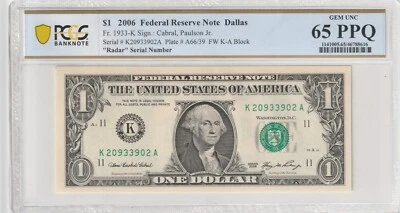 $1 2006 FRN Fr# 1933-K KA Block PCGS UNC 65 PPQ Dallas Radar Serial # - Image 1 of 2
