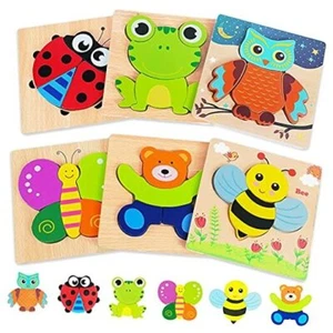 Wooden Puzzles Toddler Toys Gifts for 1 2 3 Year Old Boys Girls, Animal 6pcs - Picture 1 of 7