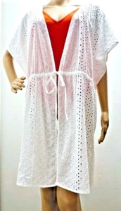 Kona Sol Sz 1X/2X Tie-Front Eyelet Short Swim Cover Up Top Dress White Cotton V - Picture 1 of 6