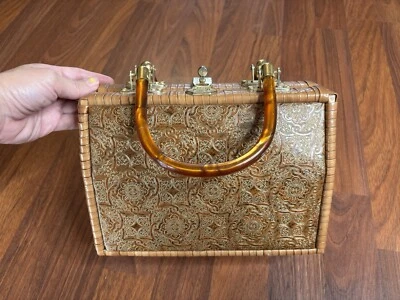 Bolso de mano vintage años 50 marrón en relieve asas de mimbre lucite mediados de siglo señora Maisel Foto 1 de 4