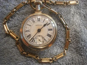 VINTAGE WESTCLOX GOLD-TONED "LOCOMOTIVE" MECHANICAL POCKET WATCH with CHAIN - Picture 1 of 3