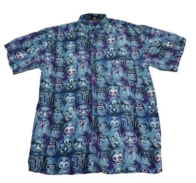 Mens XL Vintage Robert Stock 100% Silk Shirt Geometric Tribal Blue 90’s - Imagem 1 de 4