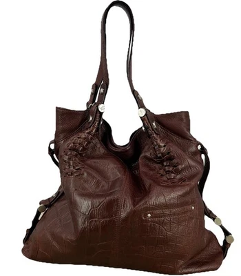 B. Makowski Leather Hobo Bag Shoulder Bag Brown Woven Detail Designer Purse - Image 1 of 4