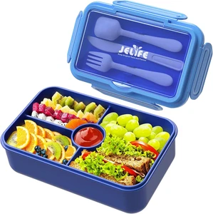 NUEVA Fiambrera Bento de 4 Compartimentos a Prueba de Fugas con Utensilios, Reutilizable, Azul - Imagen 1 de 7
