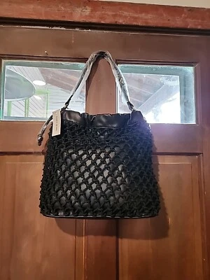 NUEVO CON ETIQUETAS ELIZABETH and JAMES Hobo Negro Cuerda Malla Mercado Bolso de Hombro Cartera Foto 1 de 4