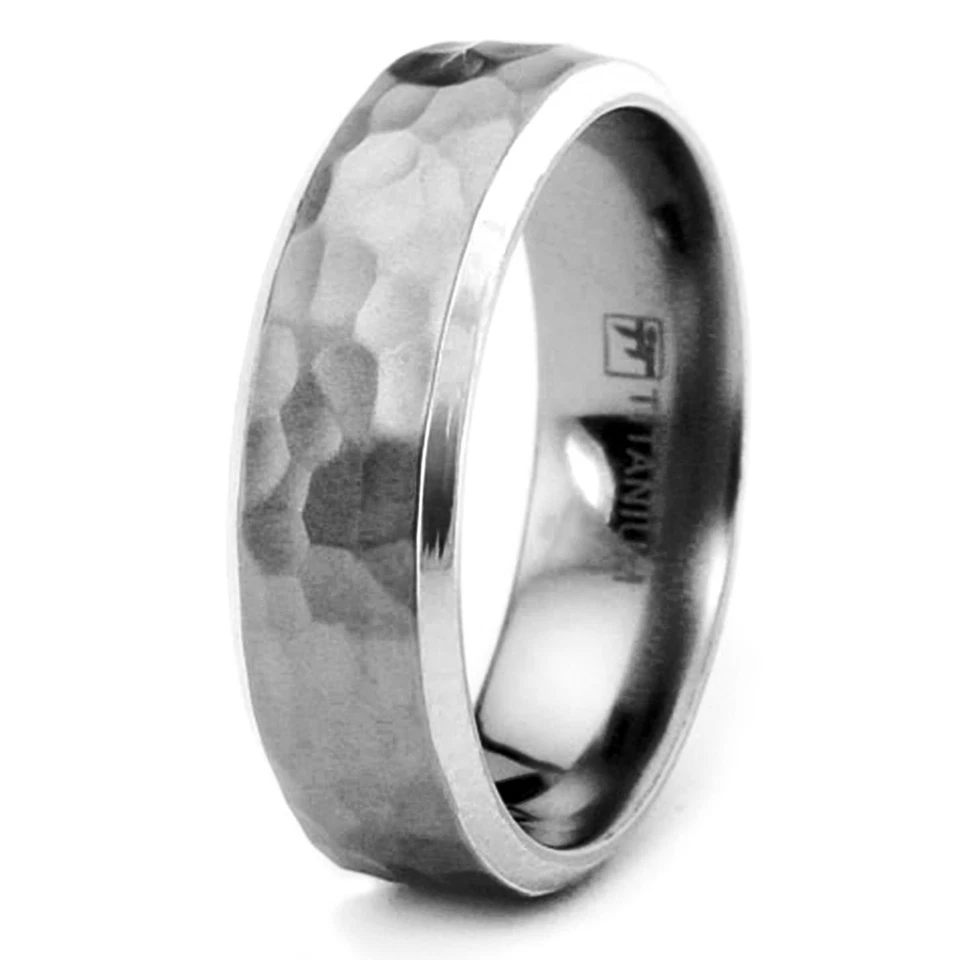 7MM Titanium Hammered Design Wedding Mens Wedding Band | FREE ENGRAVING - Image 1 of 4