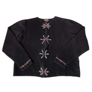 Woolrich Damen Gr. L Pullover mit durchgehendem Reißverschluss Jacke bestickt Schneeflocke Baumwolle schwarz - Bild 1 von 9