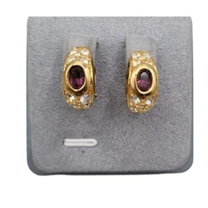 Swarovski Signed Clip-on Earrings Huggie Style Gold Tone Pink & Clear Crystals - Picture 1 of 15