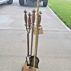 Vintage Fireplace Tool Set Solid Brass 7 Piece Set with Stand 33" - Picture 1 of 11