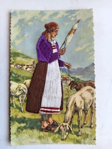Lady Spinning Wool with Sheep Vintage Embroidered Postcard - Picture 1 of 2