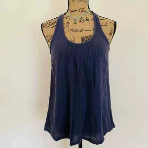 Ann Taylor Loft Lounge Cotton Linen Sleeveless Blue Gry Smock Racerback Tank Top - Picture 1 of 5