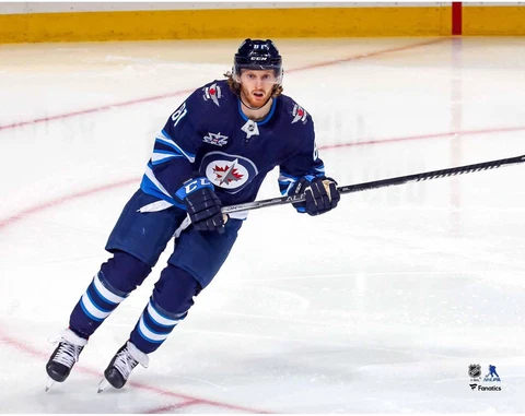 Kyle Connor Winnipeg Jets Unsigned Navy Jersey Skating vs Calgary Flames Photo Cover