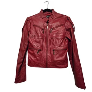 Vtg Bebe Red Leather Bomber Jacket Womens MED Y2K 90's Biker Zippers Moto Grunge - Picture 1 of 17