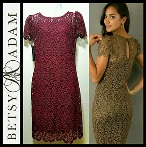 $200 Betsy & Adam RED Lace Overlay Keyhole Knee Length Cocktail Dress ~ 6 M3020 - Picture 1 of 12