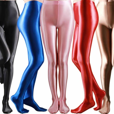 Women Men SHINY LIQUID WET LOOK Satin Glossy Semi Opaque Silky Leggings Footed - Image 1 of 4