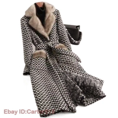Women Tweed Coat Plaid Faux Fur Lined Long Coat Winter Warm Overcoat Parka S-3XL - Image 1 of 4