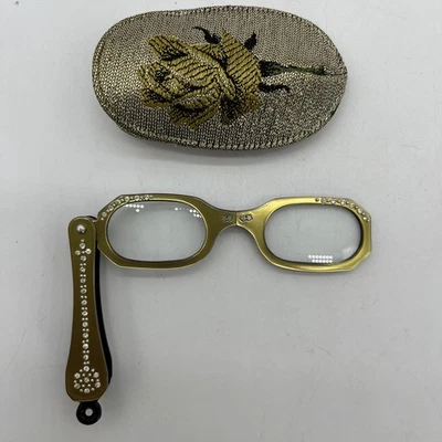 Vintage Folding Lorgnette Opera Glasses Style Readers Rhinestones With Case - Image 1 of 4