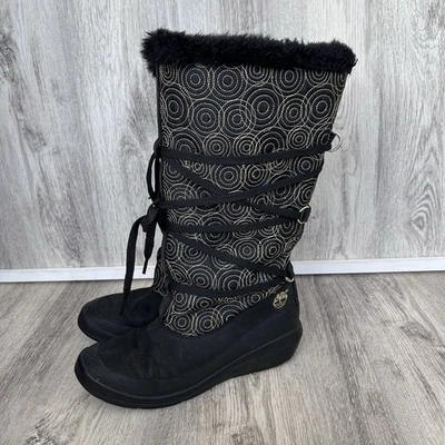 Timberland Winter Snow Boots Womens 8 Black Gold Fur Lined Lace Up Wedge Suede - Image 1 of 4