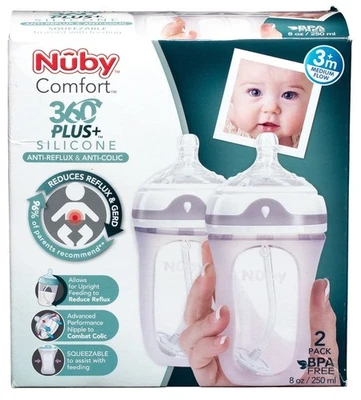 Nuby Comfort 360 Baby Bottle 8oz Soft Silicone Anti Reflux Colic Infant GERD 2pk - Image 1 of 4
