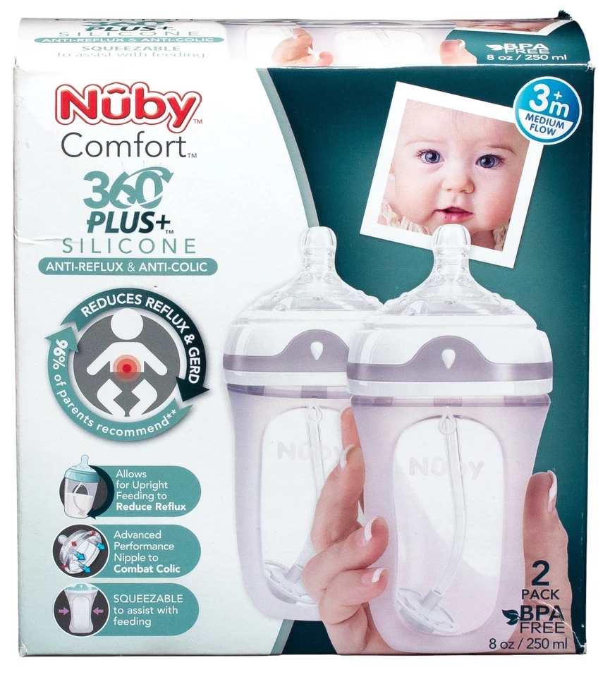Nuby Comfort 360 Plus 2 Silicone Bottles 8 Oz Flow 3mo Anti Reflux & Colic