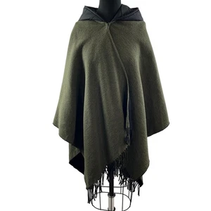 Marc Cain Green Black 3 Hooded Poncho Wool Fringe Hook & Eye Regular Fit NEW - Picture 1 of 8