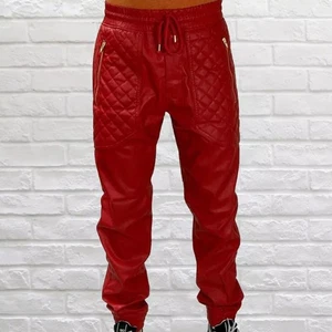 Mens Red Quilted Leather Joggers Pant| Genuine Soft Sheepskin Biker Leather Pant - Picture 1 of 5