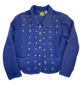 Hammerschmid 100% Wool Blue Cardigan Women’s Medium Christmas Floral - Picture 1 of 5