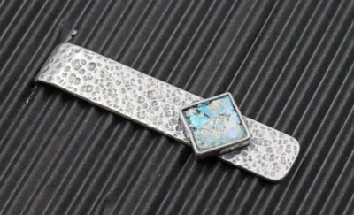 Clip de barra de corbata de hombre de plata de ley 925 vidrio romano fragmento antiguo 200 a.C. Israel Foto 1 de 4