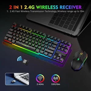 Wireless Mechanical Keyboard and Mouse Combo Rechargeable Ergonomic Gaming RGB - Picture 1 of 7