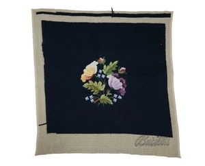 Vintage Bucilla Black Floral Neeplepoint Seat Cover Pillow Tapestry 20" - Picture 1 of 11