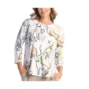 Jess & Jane M "Tommy" Dog Print Top 3/4 Sleeve Round Neck Casual Made in USA Med - Picture 1 of 11
