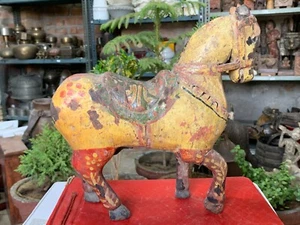 Antique Old Indian Handcrafted Wooden Yellow Painted Horse Statue Figurine 11.5" - Picture 1 of 13