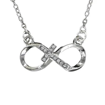 INFINITY with Rhinestone Cross Necklace - Pewter on Chain - Faith Love Gift God - Image 1 of 3