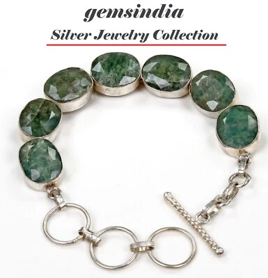 Pulsera de plata 925 ovalada esmeralda piedras preciosas naturales joyería 8,5 pulgadas ajustable Foto 1 de 4