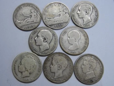 1869 - 1903 SPAIN FIRST REPUBLIC ALFONSO 1 PESETA LOT 8 DIFFERENT COINS SILVER. - Image 1 of 2