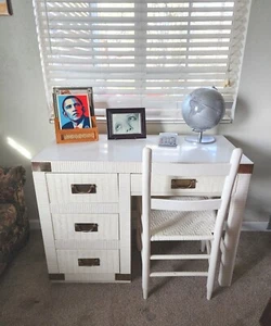 Vintage Lea Furniture Campaign Writing Desk Wicker Style Hollywood Regency 1970s - Picture 1 of 10