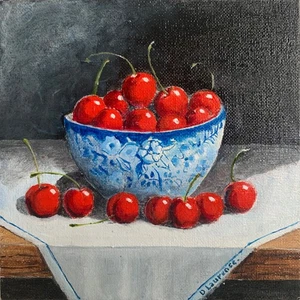 A Bowl of Cherries  David Laurence original Oil on Canvas 6 x 6 ins - Picture 1 of 4