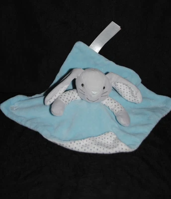 🐰 Doudou plat lapin bleu clair OBAIBI OKAIDI turquoise blanc étoile carré TTBE - Photo 1/3