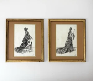 Pair Original Vintage Pen & Ink Drawings Signed Lesley, Victorian Fashion - Picture 1 of 14